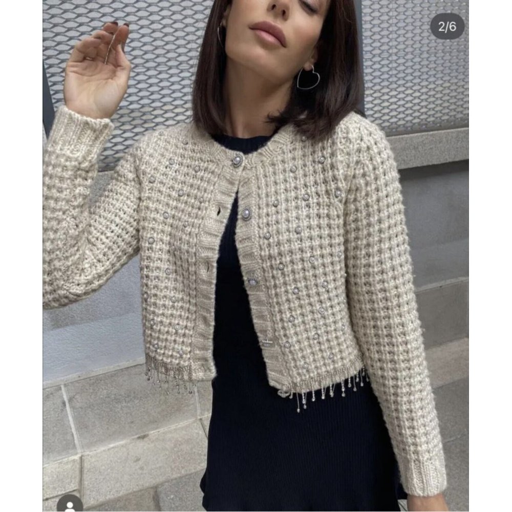 ZARA NEW WOMAN KNIT CARDIGAN WITH BEADS Jewel FRINGE ECRU MEDIUM